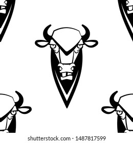 Funny cartoon bison character. Seamless pattern. Design template for wallpapers, wrapping, textile. Black-white animal head. Vector Illustration