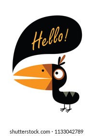 Funny cartoon black bird saying Hello, Vector illustration