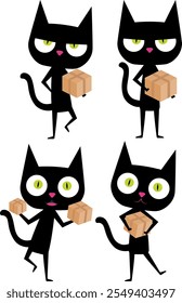 Funny cartoon black cat with big head, pink nose and green eyes. Cat hold cardboard box, online shipping. Perfect for greeting cards, or any design that requires a cute and lovable feline companion. 