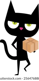 Funny cartoon black cat with big head, pink nose and green eyes. Cat hold cardboard box, online shipping. Perfect for greeting cards, or any design that requires a cute and lovable feline companion. 