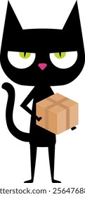 Funny cartoon black cat with big head, pink nose and green eyes. Cat hold cardboard box, online shipping. Perfect for greeting cards, or any design that requires a cute and lovable feline companion. 