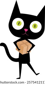 Funny cartoon black cat with big head, pink nose and green eyes. Cat hold cardboard box, online shipping. Perfect for greeting cards, or any design that requires a cute and lovable feline companion. 