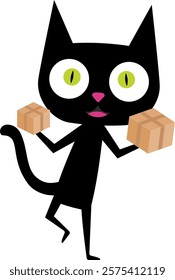 Funny cartoon black cat with big head, pink nose and green eyes. Cat hold cardboard box, online shipping. Perfect for greeting cards, or any design that requires a cute and lovable feline companion. 