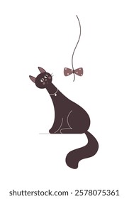 Funny cartoon black cat and a bow on the string isolated on white. Cute domestic animal sitting. Nice curious pet.