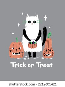 Funny cartoon black cat in ghost's costume with jack's pumpkins. Hand Drawn Halloween card design. Trick or Treat