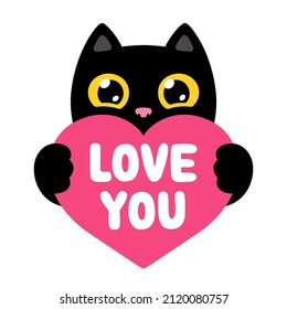 Funny cartoon black cat holding red heart saying Love You. Cute Valentine kitty drawing, vector illustration.