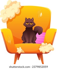 Funny cartoon black cat is sitting with happy face on scratched and broken chair. Vector illustration of naughty pets svg