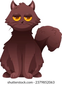 Funny cartoon black cat sitting with satisfied muzzle. Vector illustration of animals, pets on transparent background