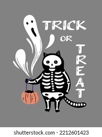 Funny cartoon black cat in a skeleton costume with jack's pumpkin and flying ghosts. Hand Drawn Halloween card design. Trick or Treat.