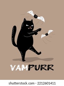 Funny cartoon black cat vampire and bat cat. Hand Drawn Halloween card design. Vampurr lettering 