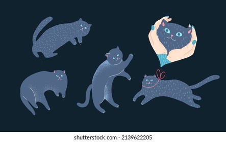 Funny cartoon black cats. Set of cute characters. Vector