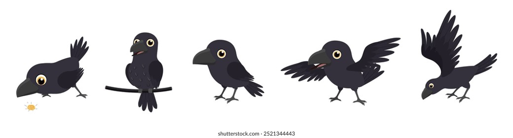 Divertido dibujo animado Cuervos negros, pájaros en diferentes poses y personajes