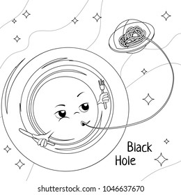 Funny cartoon black hole. Black and white vector illustration for children's coloring book