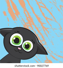 Funny cartoon black kitty with big green eyes on a abstract blue background