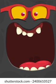 Funny cartoon black monster face.  Illustration of cute and happy monster expression wearing eyeglasses.
 Halloween design. Great for party decoration