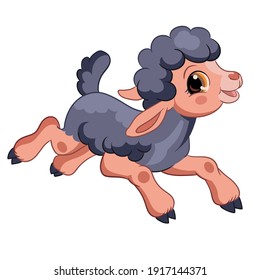 Funny cartoon black running lamb character. Cute animal. Vector illustration isolated on white background. For card, poster,design,greeting, stickers, room decor, t-shirt, kids apparel,invitation,book