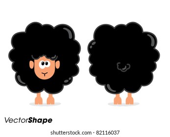 Funny Cartoon Black Sheep From Front And Behind, Vector Illustration