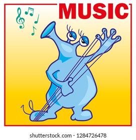 Funny cartoon blue alien playing on strings