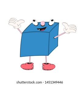 Funny cartoon blue cube with eyes, arms and legs, demonstrates the emotion of joy and raises his hands up.