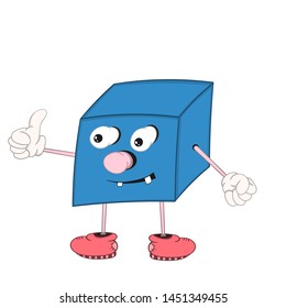 Funny cartoon blue cube with eyes, arms and legs, shows a smile and shows an approving sign with his hand.