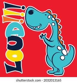 Funny cartoon blue dinosaur, colorful text and red background