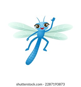 Funny cartoon blue dragonfly. Cartoon dragonfly for children on a white background