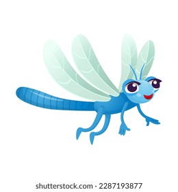 Funny cartoon blue dragonfly. Cartoon dragonfly for children on a white background