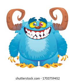 Funny cartoon blue furry monster with wide smile. Vector illustration