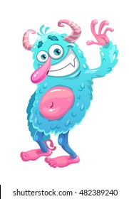 Funny cartoon blue hairy monster waving a hand, isolated on white. Comic retro style vector illustration