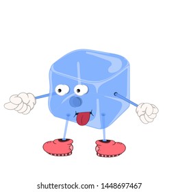 Funny Cartoon blauer Eiswürfel mit Augen, Händen und Füßen in Schuhen, Teasing zeigen Zunge.
