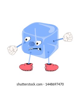 Funny cartoon blue ice cube with eyes, arms and legs in shoes, angry and threatens with a fist.