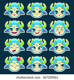 Funny cartoon blue monster emotions set, vector stickers elements