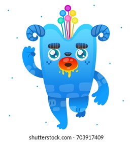 Funny cartoon blue monster, isolated in background, children's illustration for Halloween or birthday, design, vector.