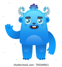 Funny cartoon blue monster, isolated in background, children's illustration for Halloween or birthday, design, vector.
