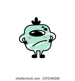 Funny cartoon blue monster with a suspicious expression. A fictional character for children. Cute alien icon in doodle style. Mascot for the brand. A cool print for children's products.