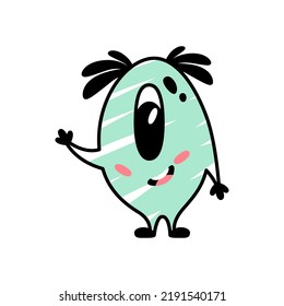 Funny cartoon blue monster waving his hand happily. A fictional character for children. Cute alien icon in doodle style. Friendly mascot for the brand. A cool print for children's products.