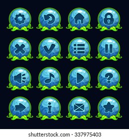 Funny cartoon blue round menu buttons set, vector kit for game or web design