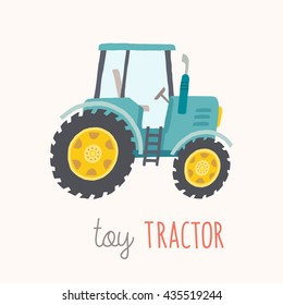 Funny cartoon blue tractor. Baby book / picture book / flash card design. Vector hand drawn eps 10 clip art illustration isolated on white background. Playroom decor. Nursery poster wall art.