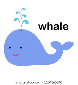 Funny cartoon blue whale with a fountain. Isolated on white background.