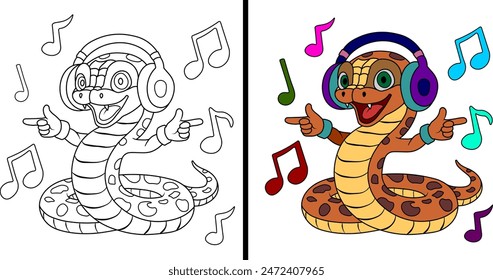 Funny cartoon boa wearing headphones. Coloring page. Vector illustration.