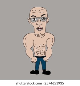 Funny cartoon bodybuilders bespectacled and bald heads.