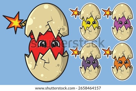 Funny cartoon bomb characters hatching from cracked eggs in vibrant colors. Ideal for sticker packs, games, prints, and digital content.