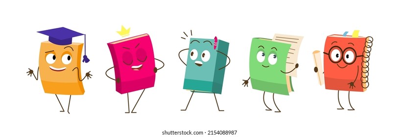 Funny cartoon book characters, mascots isolated on white background. Childish books with smile emotions, arms and legs for school and education concept. Vector illustration