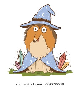 Funny cartoon border collie dog in a halloween wizard costume. Scary funny character for halloween. Vector illustration of pets for the holiday.