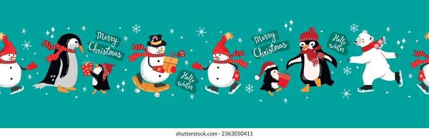 Funny cartoon border with snowmen, penguins and polar bear.Seamless pattern with lettering,cute characters and snowflakes.Winter holydays print on fabric and paper.Vector hand drawn illustration.