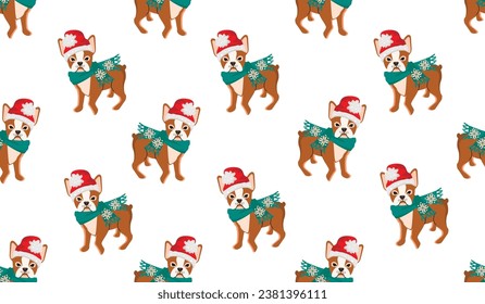 Funny cartoon Boston Terrier doggy in warm scarf and hat.Winter holidays seamless pattern with cute animal character.Christmass colorful background for printing on fabric and paper.Vector illustration