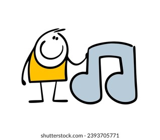 Funny cartoon boy artist embraces  musical note. Vector illustration of cute boy stickman and sign from music and art on stage. Isolated hand drawn character and symbol on white background.