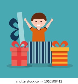 Funny cartoon boy with a big gift box in his hands. Vector cutout art.