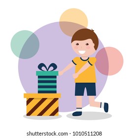 Funny cartoon boy with a big gift box in his hands. Vector cutout art.