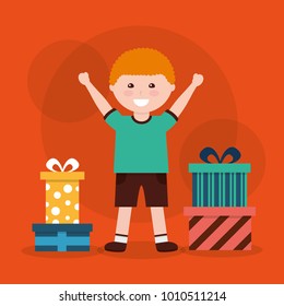 Funny cartoon boy with a big gift box in his hands. Vector cutout art.